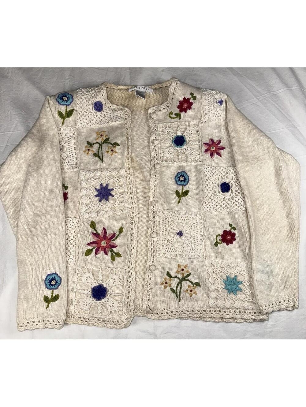 🌸 Vintage Arriviste Crochet Patchwork  Embroidered Floral Cardigan M Boho🌸
